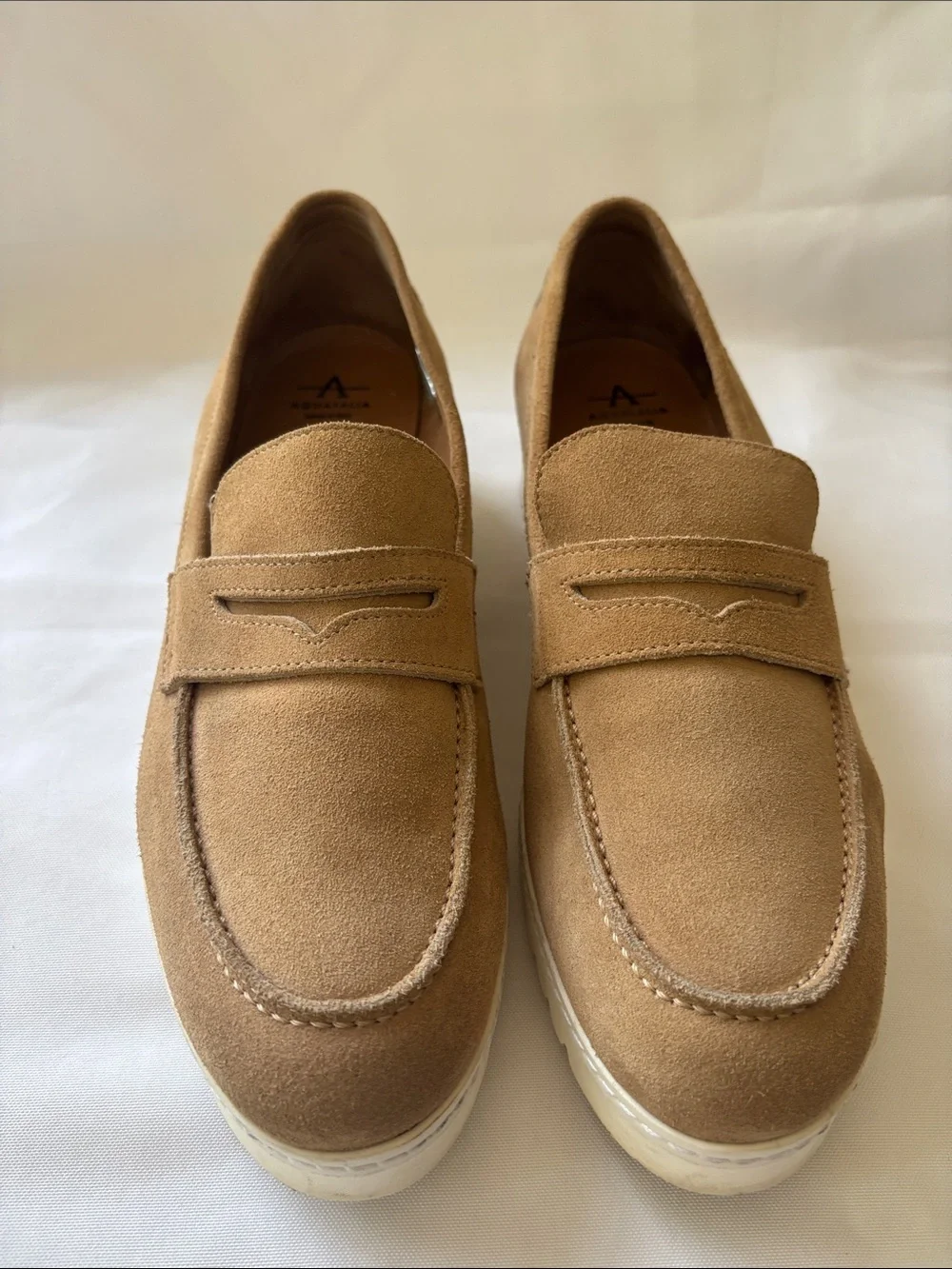 Aquatalia Suede Loafers in Light Tan with White Platform